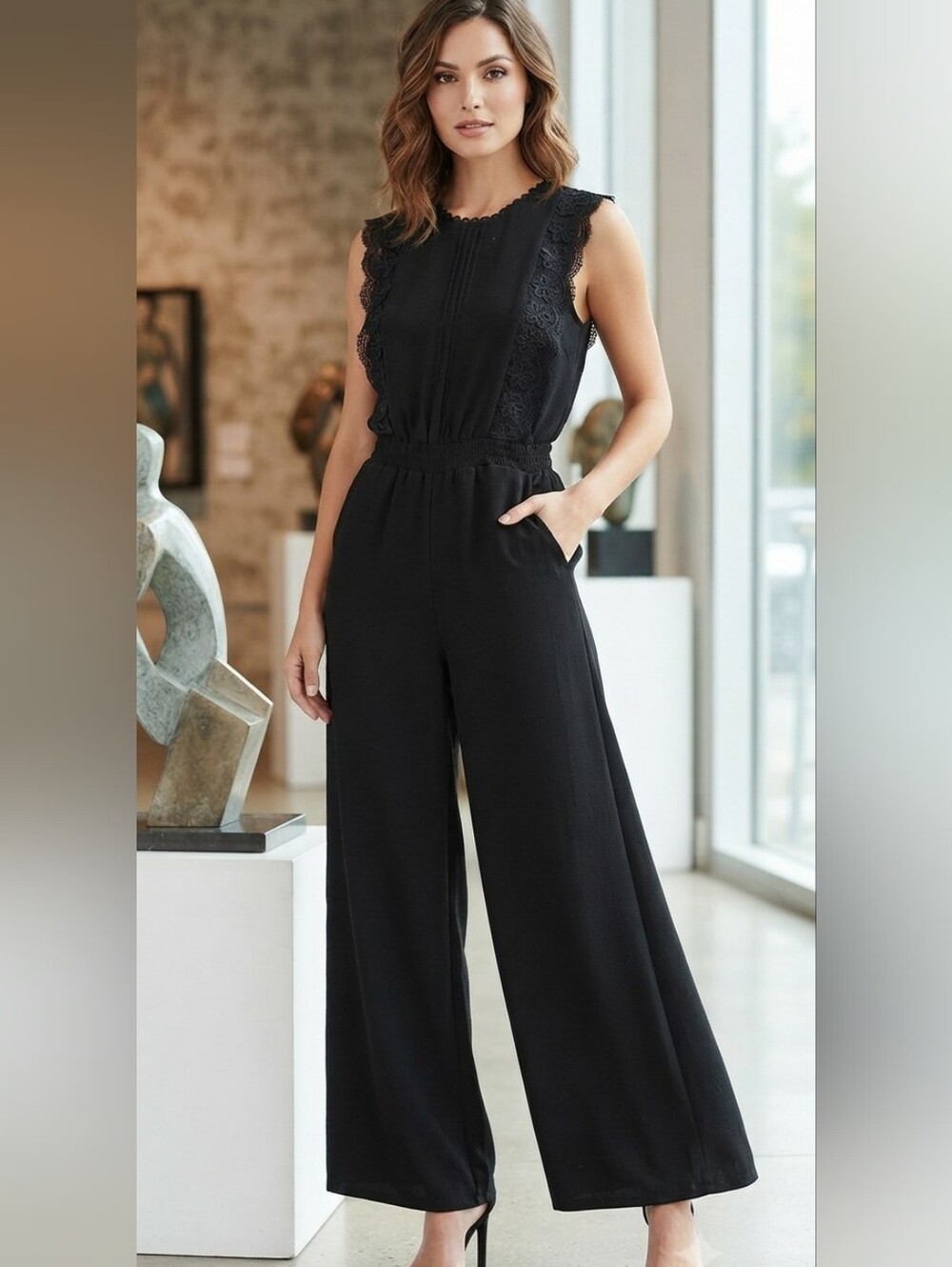 Monteau Los Angeles Black Lace Trim Wide-Leg Jumpsuit